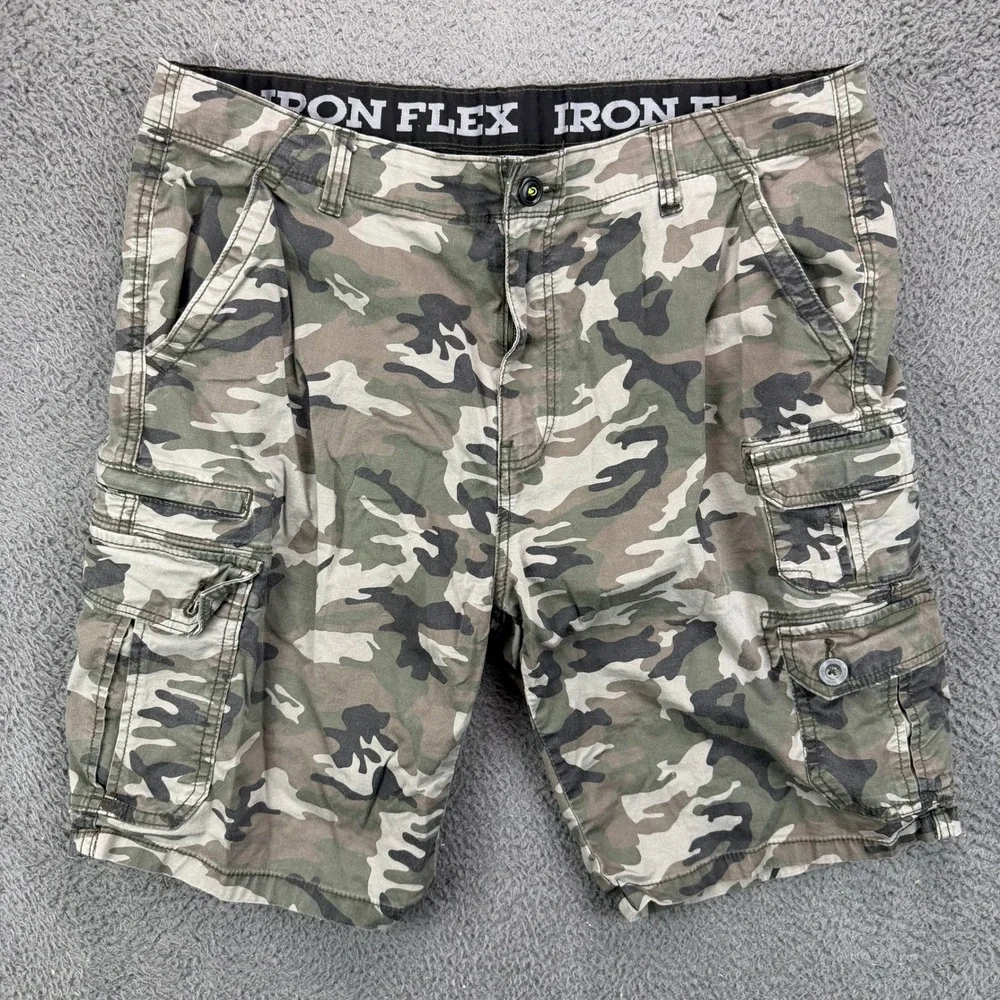 Iron Flex Mens Camo Cargo Shorts Size 36 Green Brown Camouflage Stretch Waist